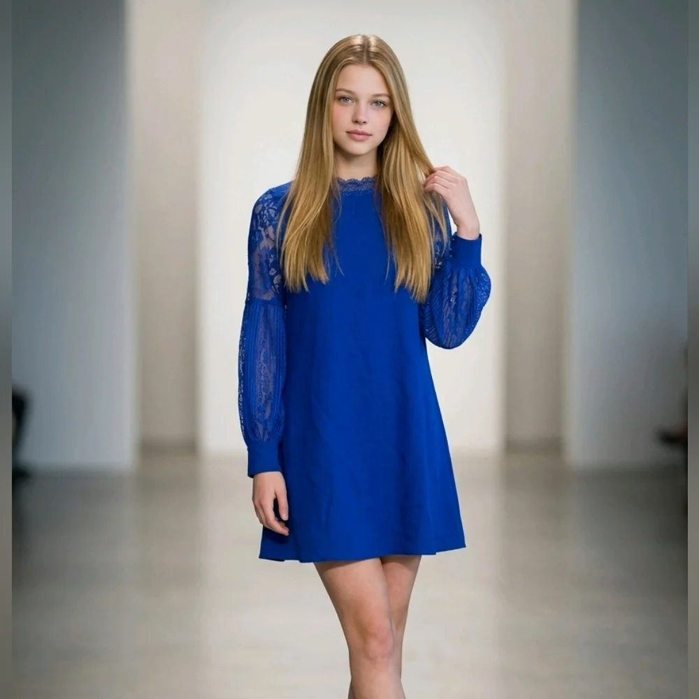 GB Girls Dress Royal Blue Puffy Sheer Lace Sleeve Elegant Semi-Formal Cruise